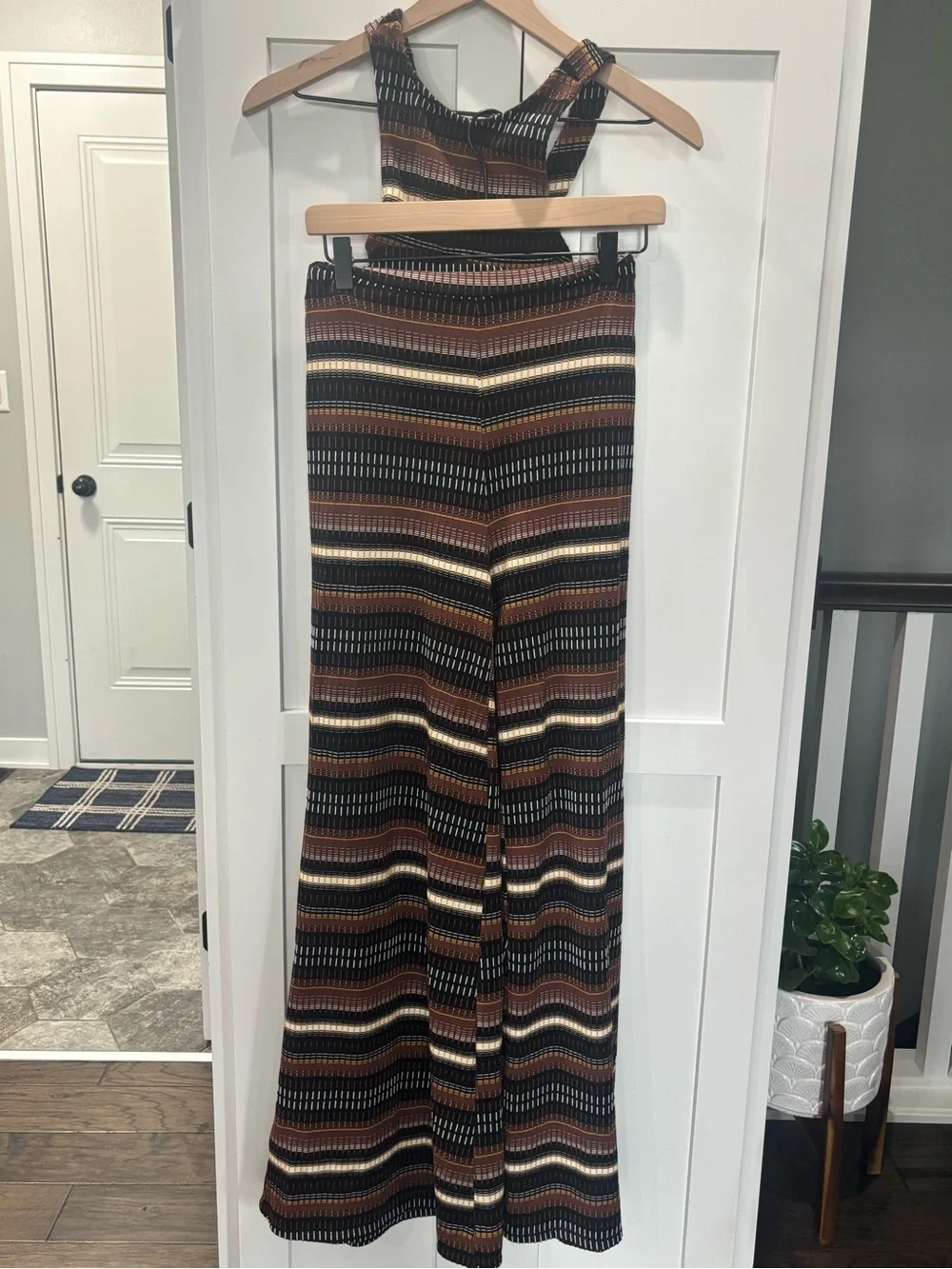 Free People Dixie Strapless Brown Black Cream Multi-Stripe Wide-Leg Jumpsuit